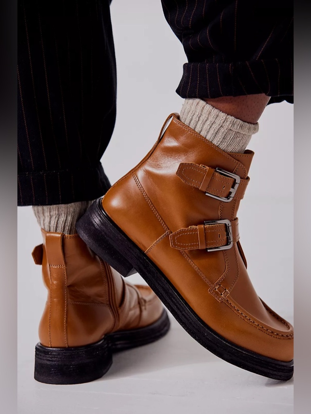 Free People Isla Moto Boots leather buckle cognac platform rubber shoes 9